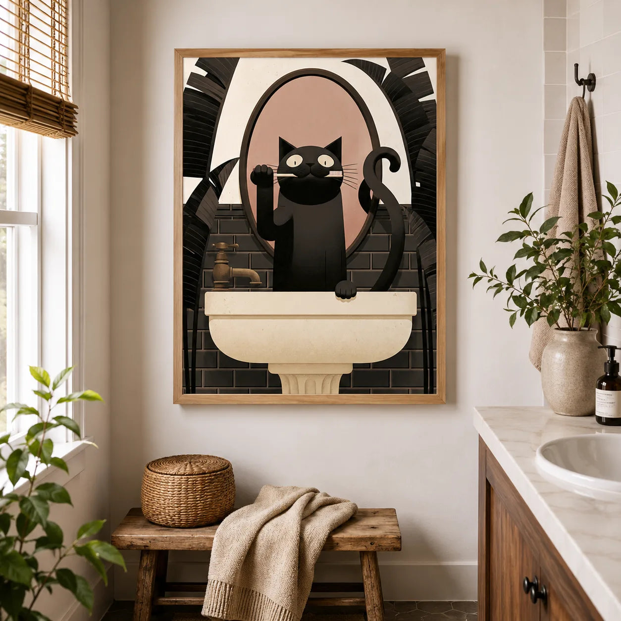 Black Cat Brushing Teeth Wall Art Decor - Wall Art Decor - styled