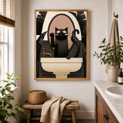 Black Cat Brushing Teeth Wall Art Decor - Wall Art Decor - styled