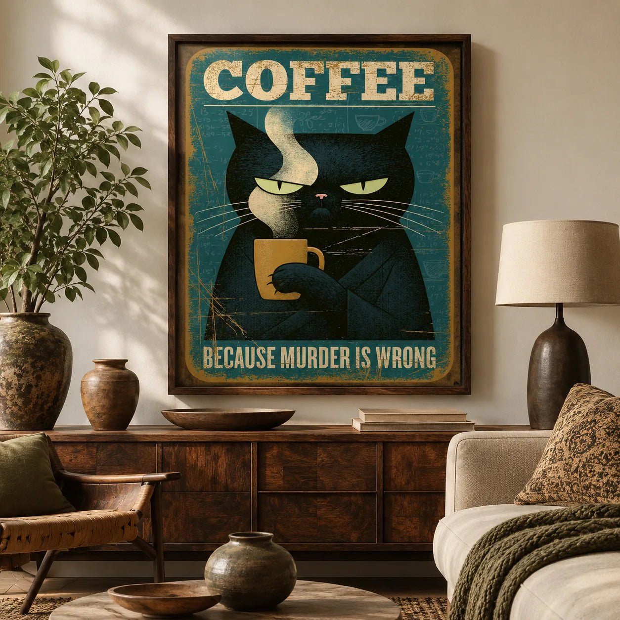 Black Cat Coffee Humor Wall Art Decor - Wall Art Decor - in use