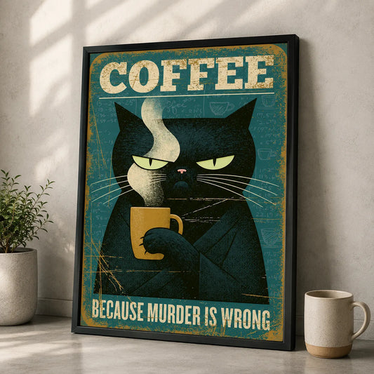 Black Cat Coffee Humor Wall Art Decor - Wall Art Decor - side view