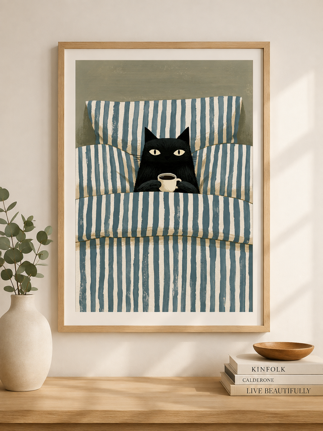 Black Cat Coffee Wall Art - Wall Art Decor - lifestyle shot - black cat coffee wall art, coffee cat poster