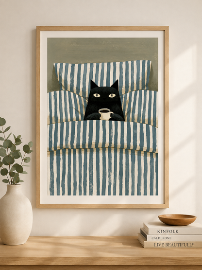 Black Cat Coffee Wall Art - Wall Art Decor - lifestyle shot - black cat coffee wall art, coffee cat poster