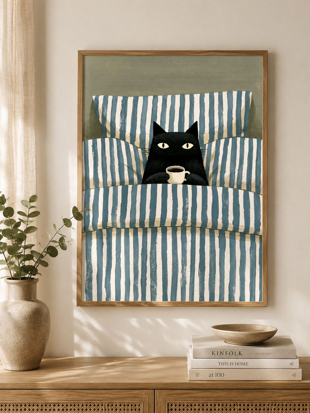 Black Cat Coffee Wall Art - Wall Art Decor - front view - black cat coffee wall art, coffee cat poster