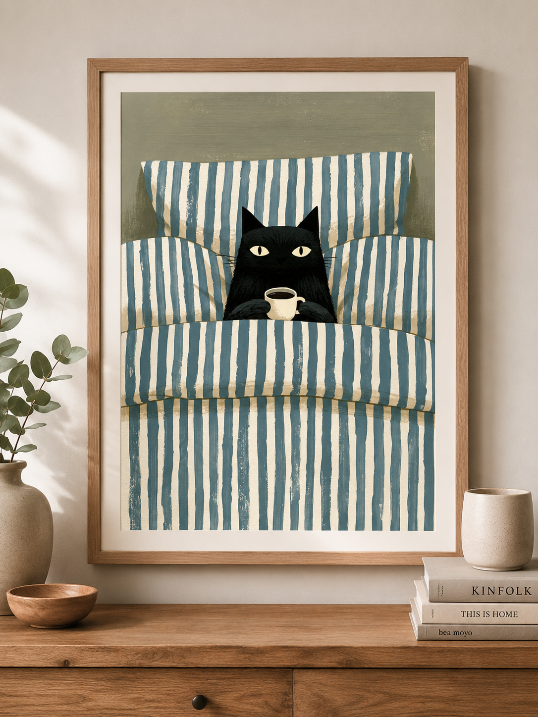 Black Cat Coffee Wall Art - Wall Art Decor - lifestyle shot - black cat coffee wall art, coffee cat poster