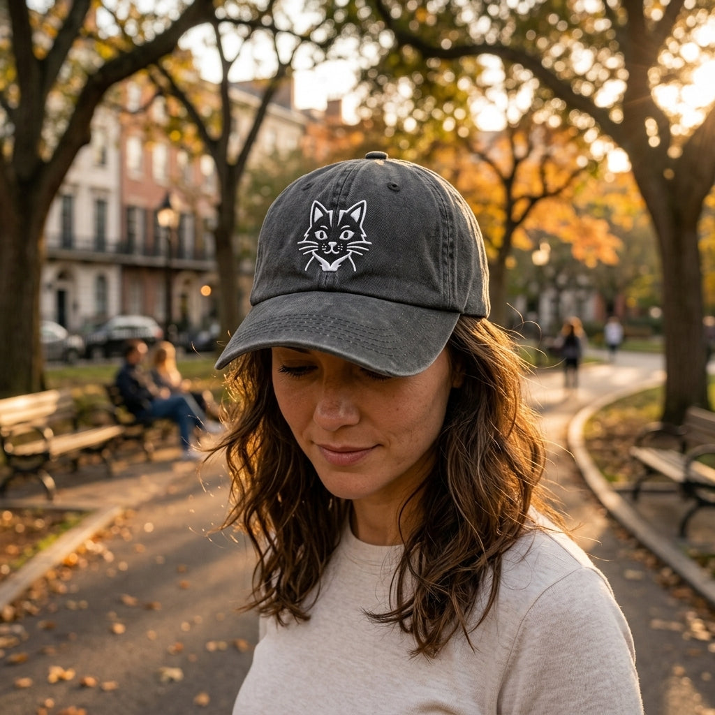 Black Cat Embroidered Washed Cap - Washed Cap - front view