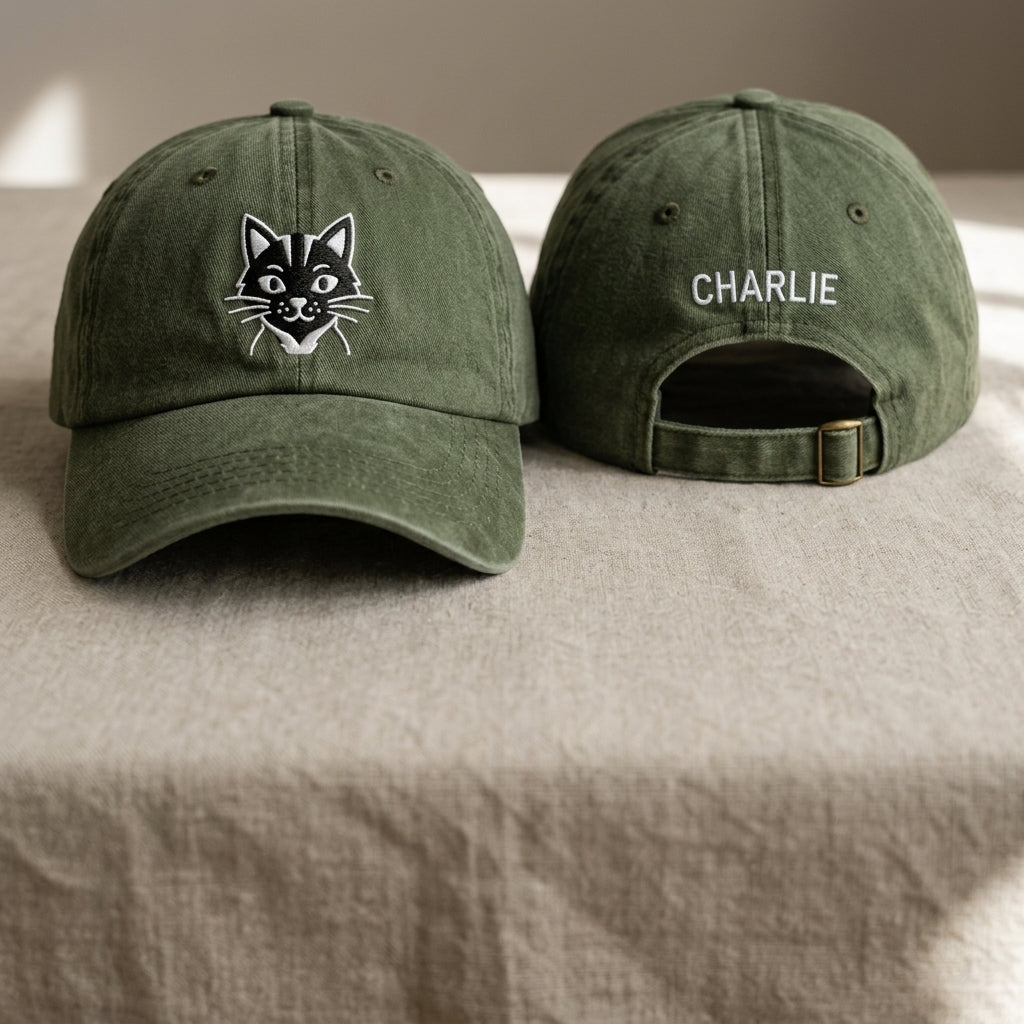 Black Cat Embroidered Washed Cap - Washed Cap - front view