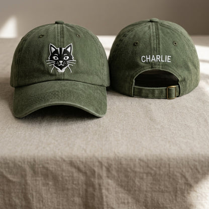Black Cat Embroidered Washed Cap - Washed Cap - front view