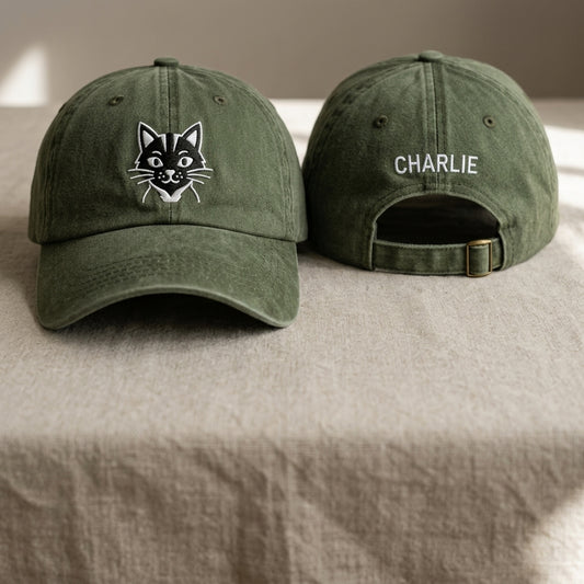 Black Cat Embroidered Washed Cap - Washed Cap - front view