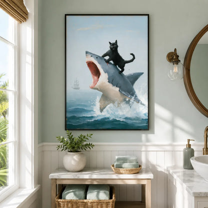 Black Cat Riding Shark Wall Art Decor - Wall Art Decor - alternate angle