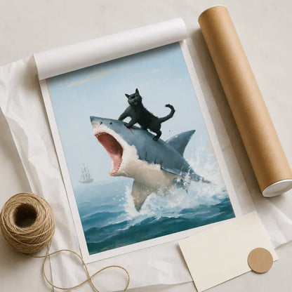 Black Cat Riding Shark Wall Art Decor - Wall Art Decor - back view