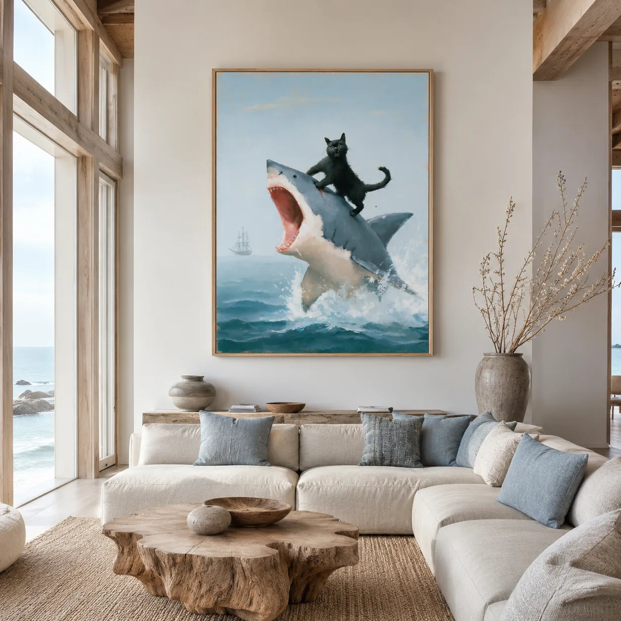 Black Cat Riding Shark Wall Art Decor - Wall Art Decor - close up