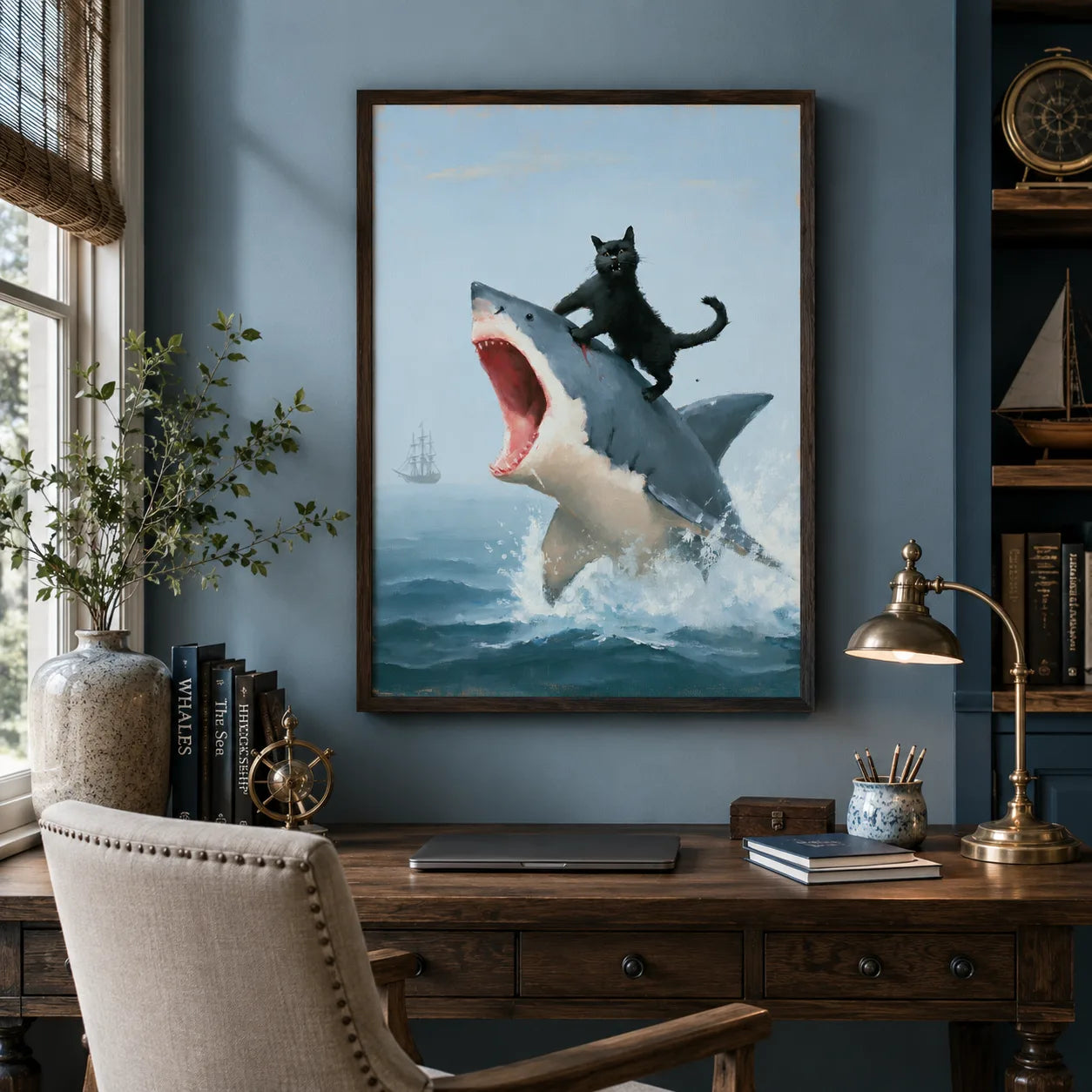 Black Cat Riding Shark Wall Art Decor - Wall Art Decor - detail