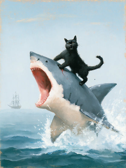Black Cat Riding Shark Wall Art Decor - Wall Art Decor - front view