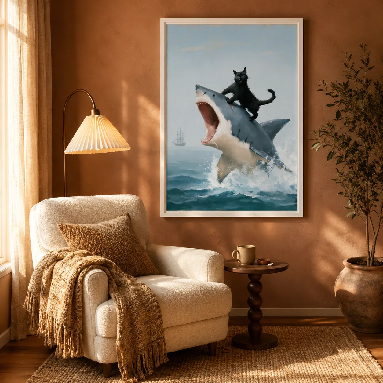 Black Cat Riding Shark Wall Art Decor - Wall Art Decor - in use