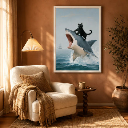 Black Cat Riding Shark Wall Art Decor - Wall Art Decor - in use