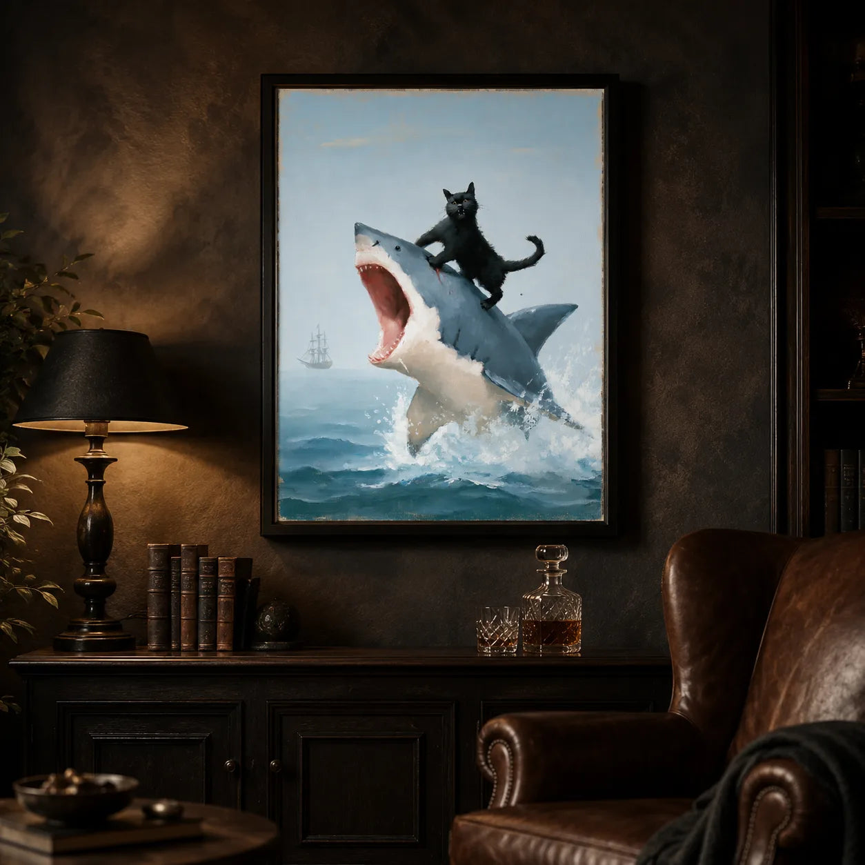 Black Cat Riding Shark Wall Art Decor - Wall Art Decor - lifestyle