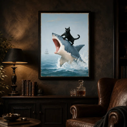 Black Cat Riding Shark Wall Art Decor - Wall Art Decor - lifestyle
