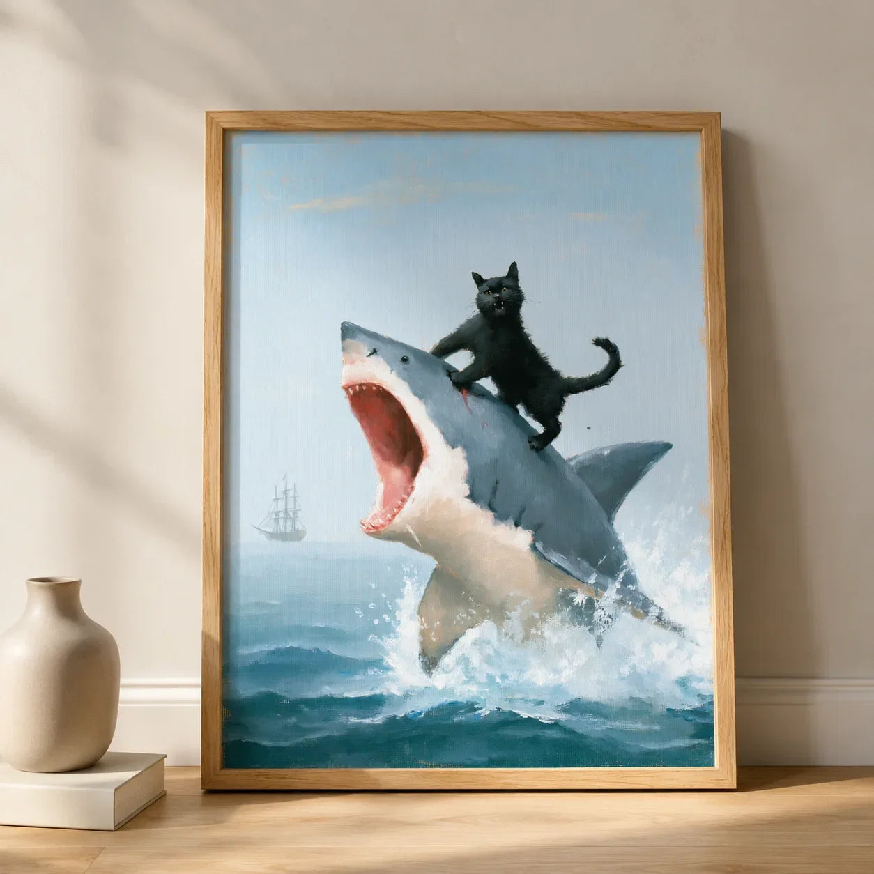 Black Cat Riding Shark Wall Art Decor - Wall Art Decor - side view