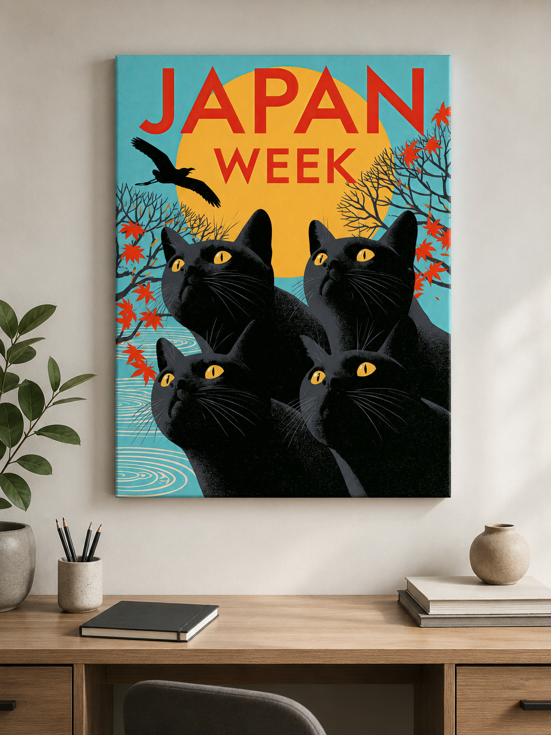 Black Cats Under the Golden Sun Poster - Wall Art Decor - close-up - black cat wall art, retro japan art print