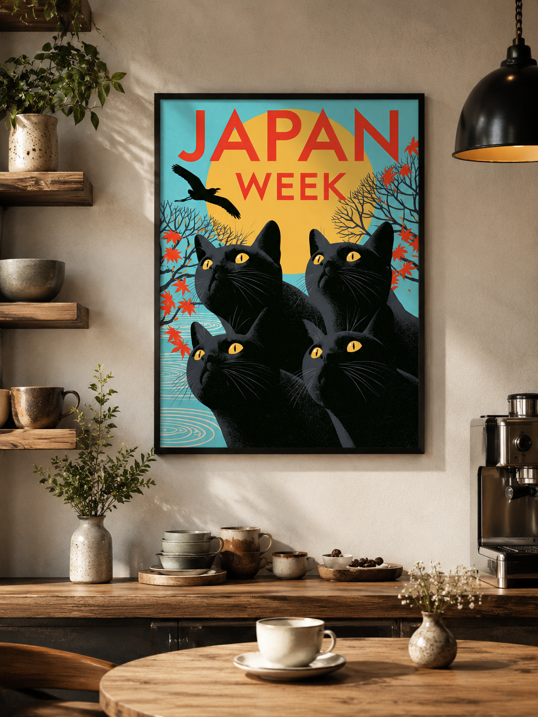 Black Cats Under the Golden Sun Poster - Wall Art Decor - alternate angle - black cat wall art, retro japan art print