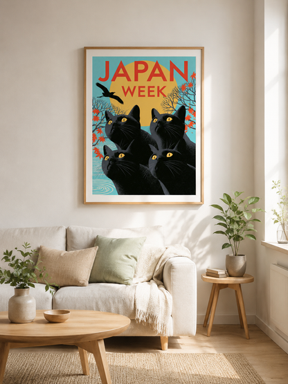 Black Cats Under the Golden Sun Poster - Wall Art Decor - detail view - black cat wall art, retro japan art print