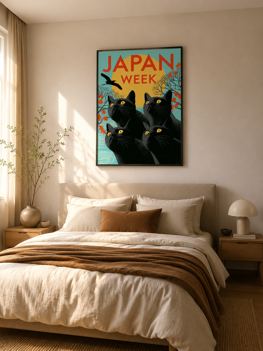 Black Cats Under the Golden Sun Poster - Wall Art Decor - lifestyle shot - black cat wall art, retro japan art print