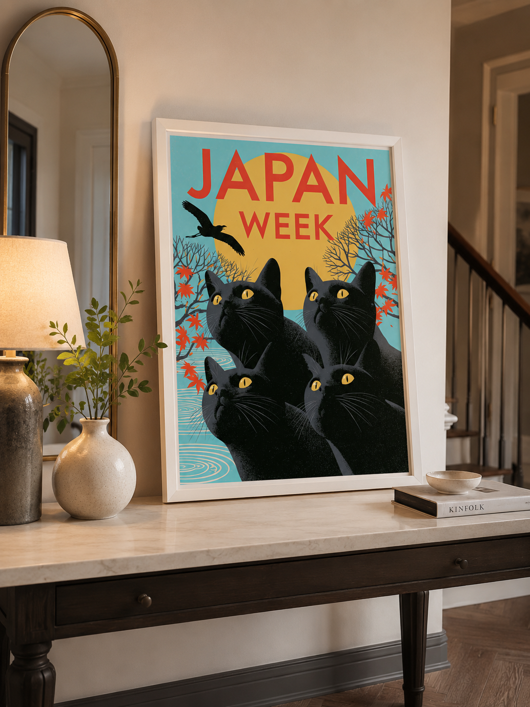 Black Cats Under the Golden Sun Poster - Wall Art Decor - close-up - black cat wall art, retro japan art print