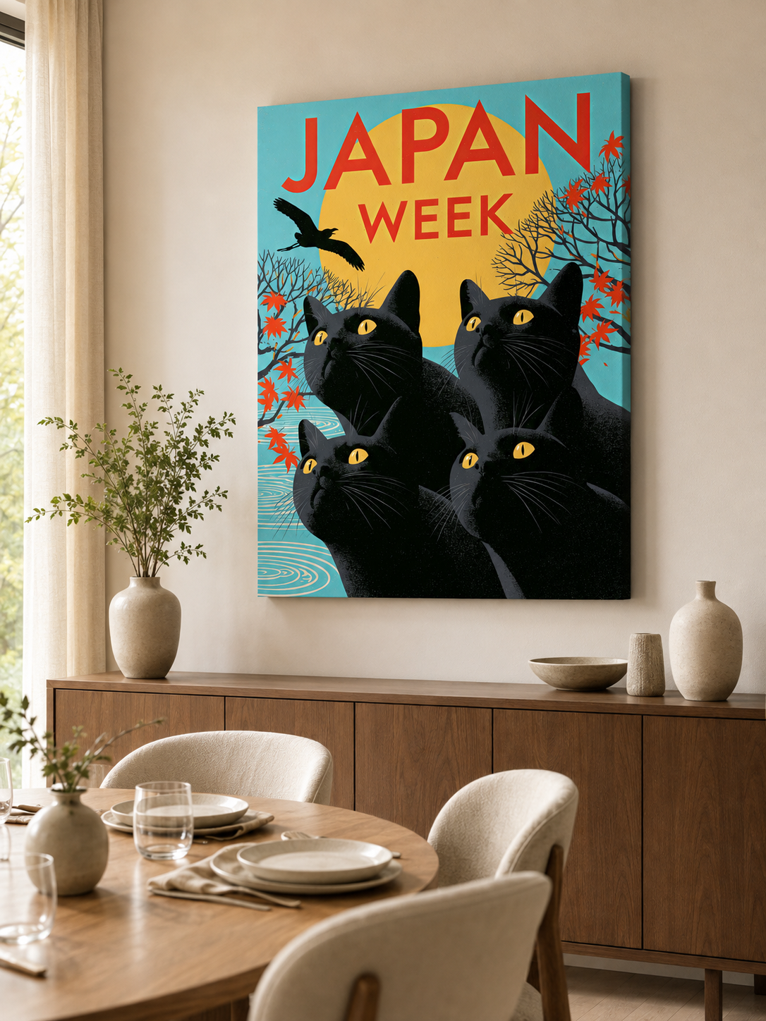 Black Cats Under the Golden Sun Poster - Wall Art Decor - alternate angle - black cat wall art, retro japan art print