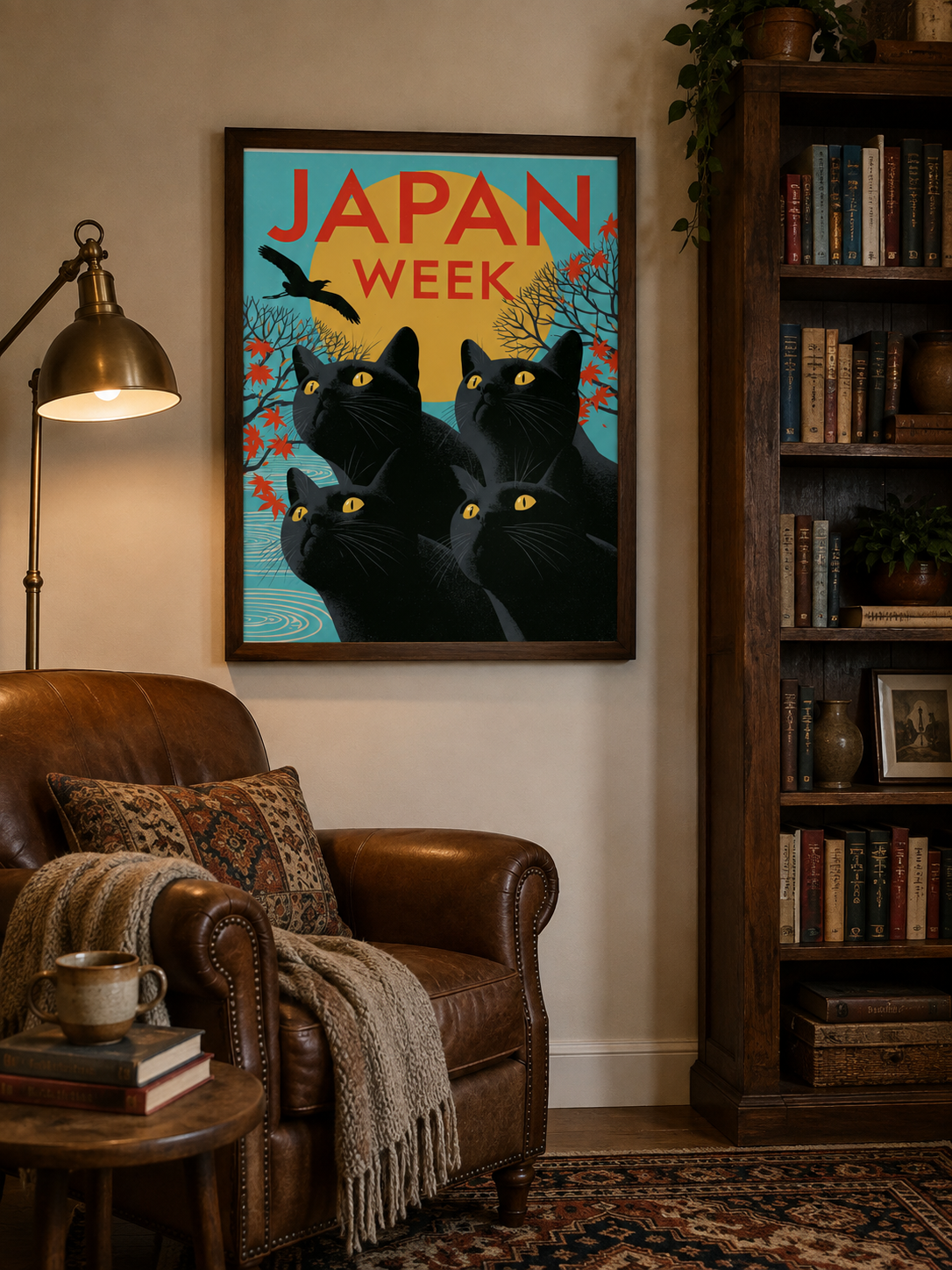 Black Cats Under the Golden Sun Poster - Wall Art Decor - packaging - black cat wall art, retro japan art print