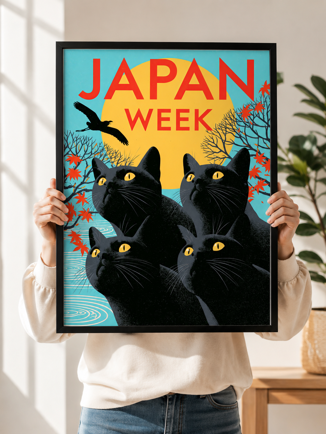 Black Cats Under the Golden Sun Poster - Wall Art Decor - front view - black cat wall art, retro japan art print