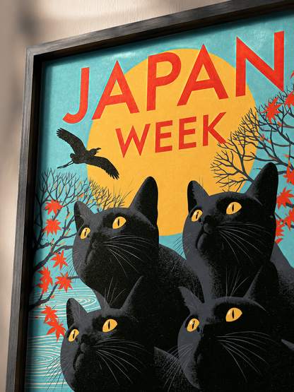 Black Cats Under the Golden Sun Poster - Wall Art Decor - detail view - black cat wall art, retro japan art print