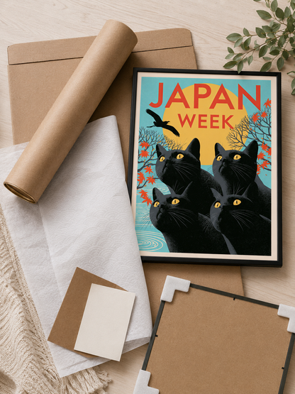 Black Cats Under the Golden Sun Poster - Wall Art Decor - lifestyle shot - black cat wall art, retro japan art print