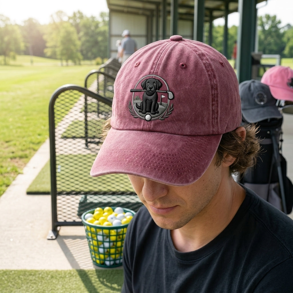 Man wearing a maroon cap with a dog logo on a golf course