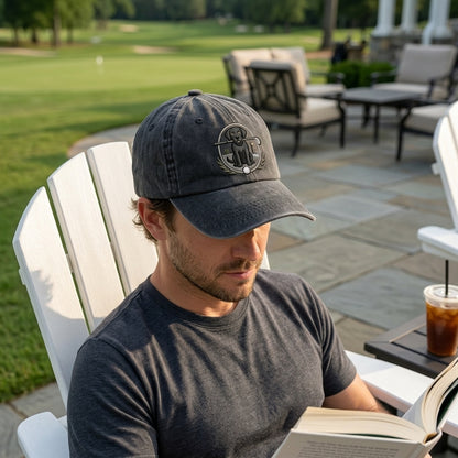 Man sitting outdoors on a patio, reading a book, wearing a cap with a logo.