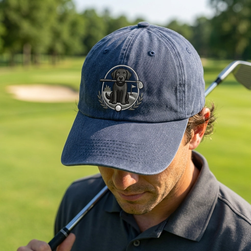Man on a golf course wearing a blue cap with a logo, holding a golf club.