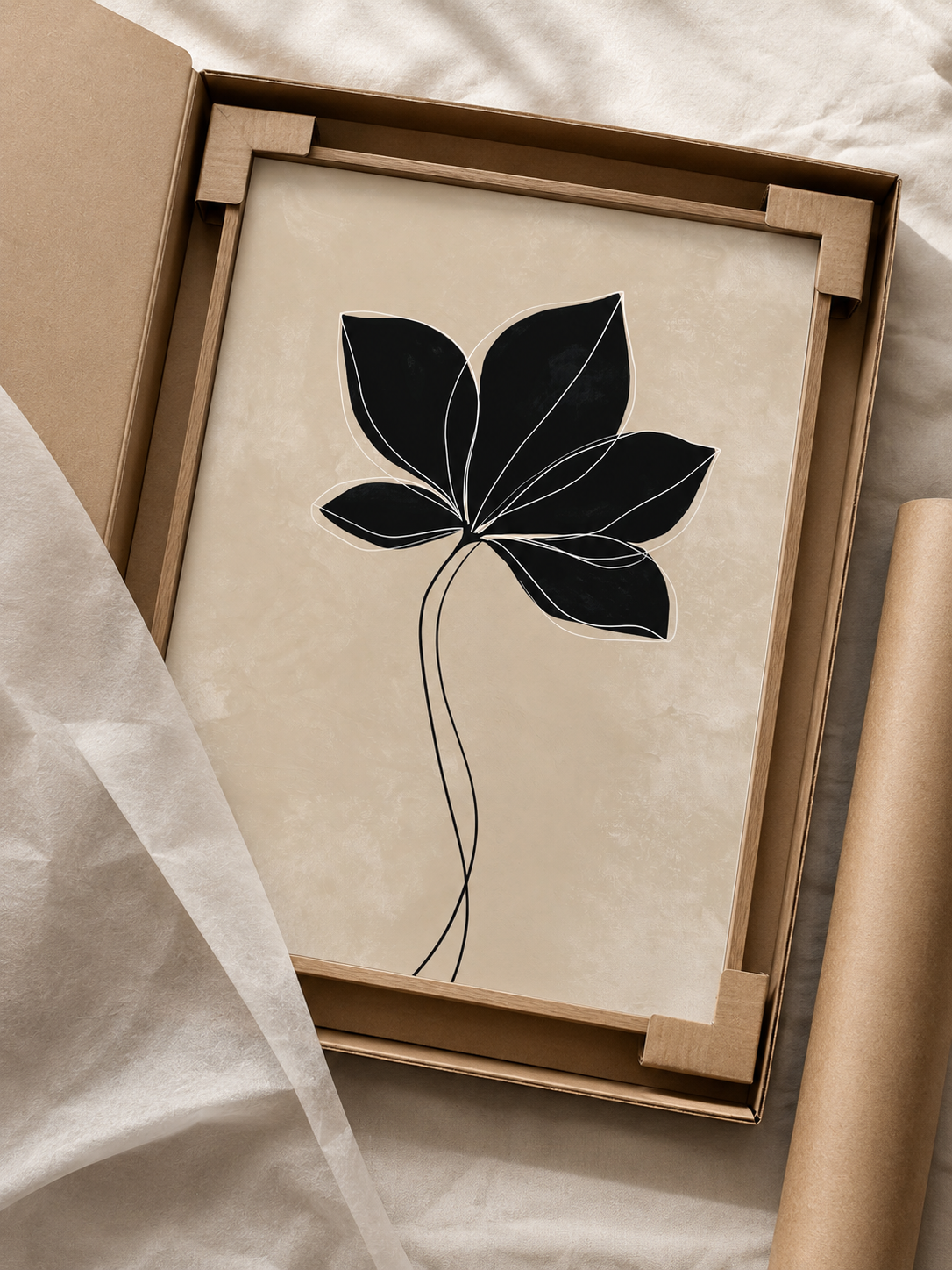 Black Radiating Leaf Art Print - Wall Art Decor - alternate angle - beige botanical wall art, minimalist leaf poster