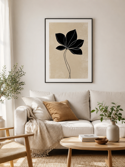 Black Radiating Leaf Art Print - Wall Art Decor - detail view - beige botanical wall art, minimalist leaf poster
