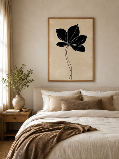 Black Radiating Leaf Art Print - Wall Art Decor - lifestyle shot - beige botanical wall art, minimalist leaf poster