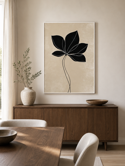 Black Radiating Leaf Art Print - Wall Art Decor - close-up - beige botanical wall art, minimalist leaf poster