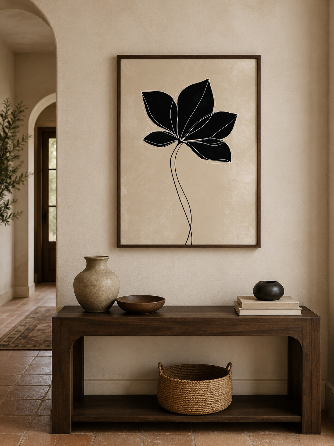 Black Radiating Leaf Art Print - Wall Art Decor - alternate angle - beige botanical wall art, minimalist leaf poster