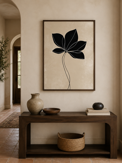 Black Radiating Leaf Art Print - Wall Art Decor - alternate angle - beige botanical wall art, minimalist leaf poster