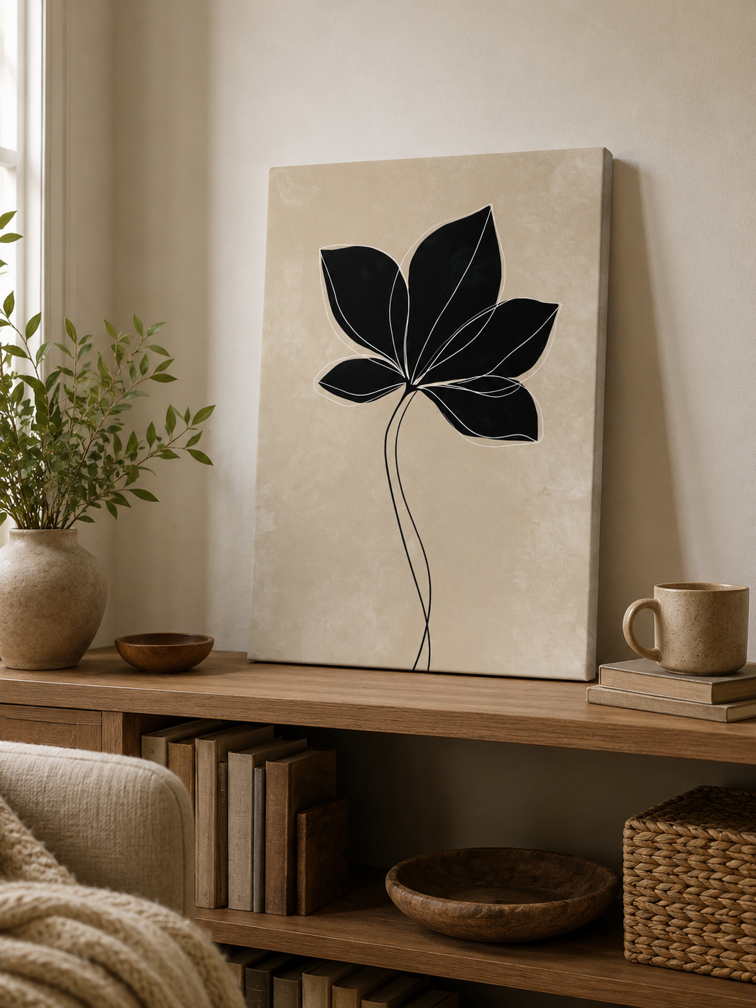 Black Radiating Leaf Art Print - Wall Art Decor - packaging - beige botanical wall art, minimalist leaf poster