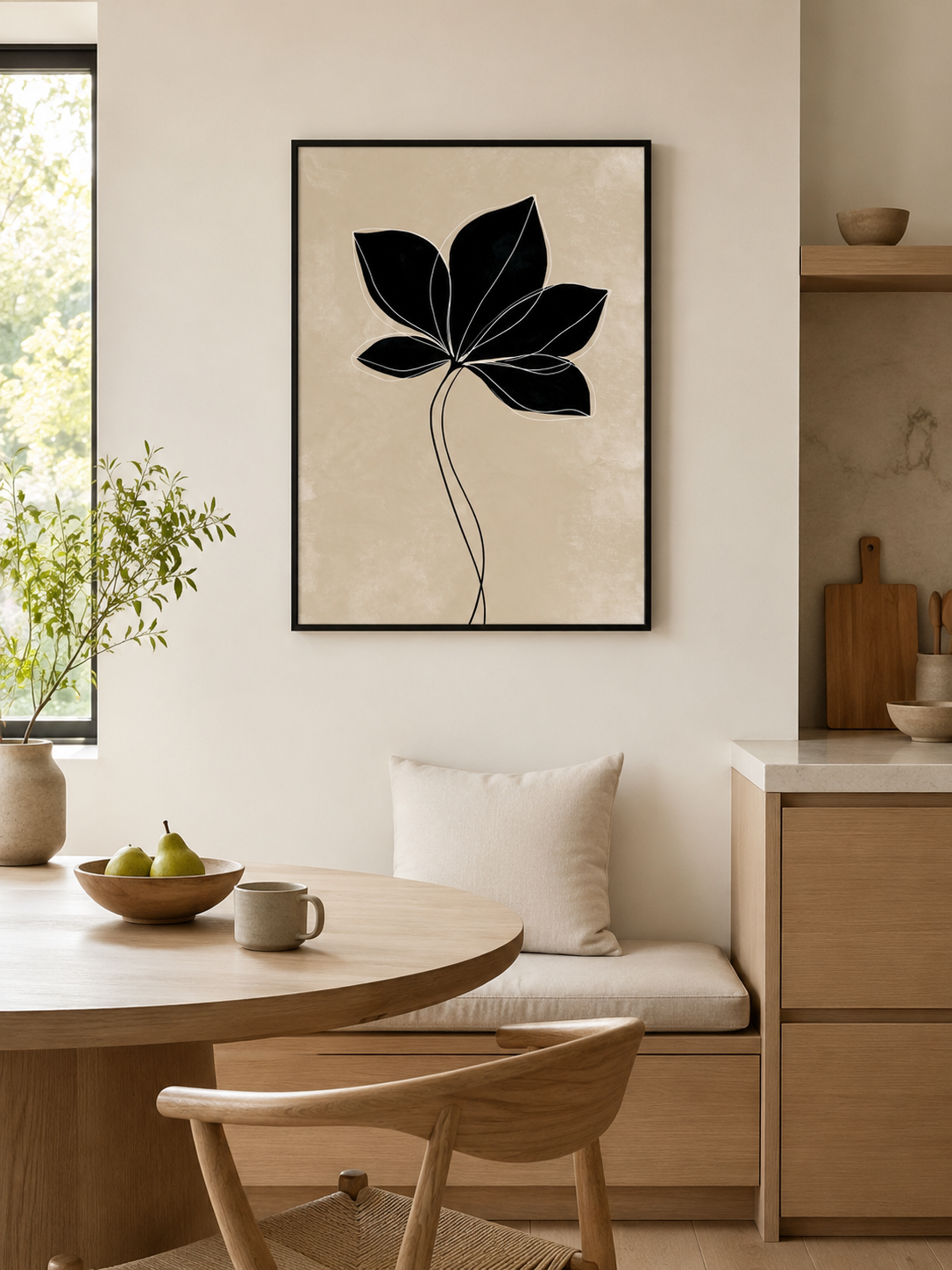 Black Radiating Leaf Art Print - Wall Art Decor - front view - beige botanical wall art, minimalist leaf poster