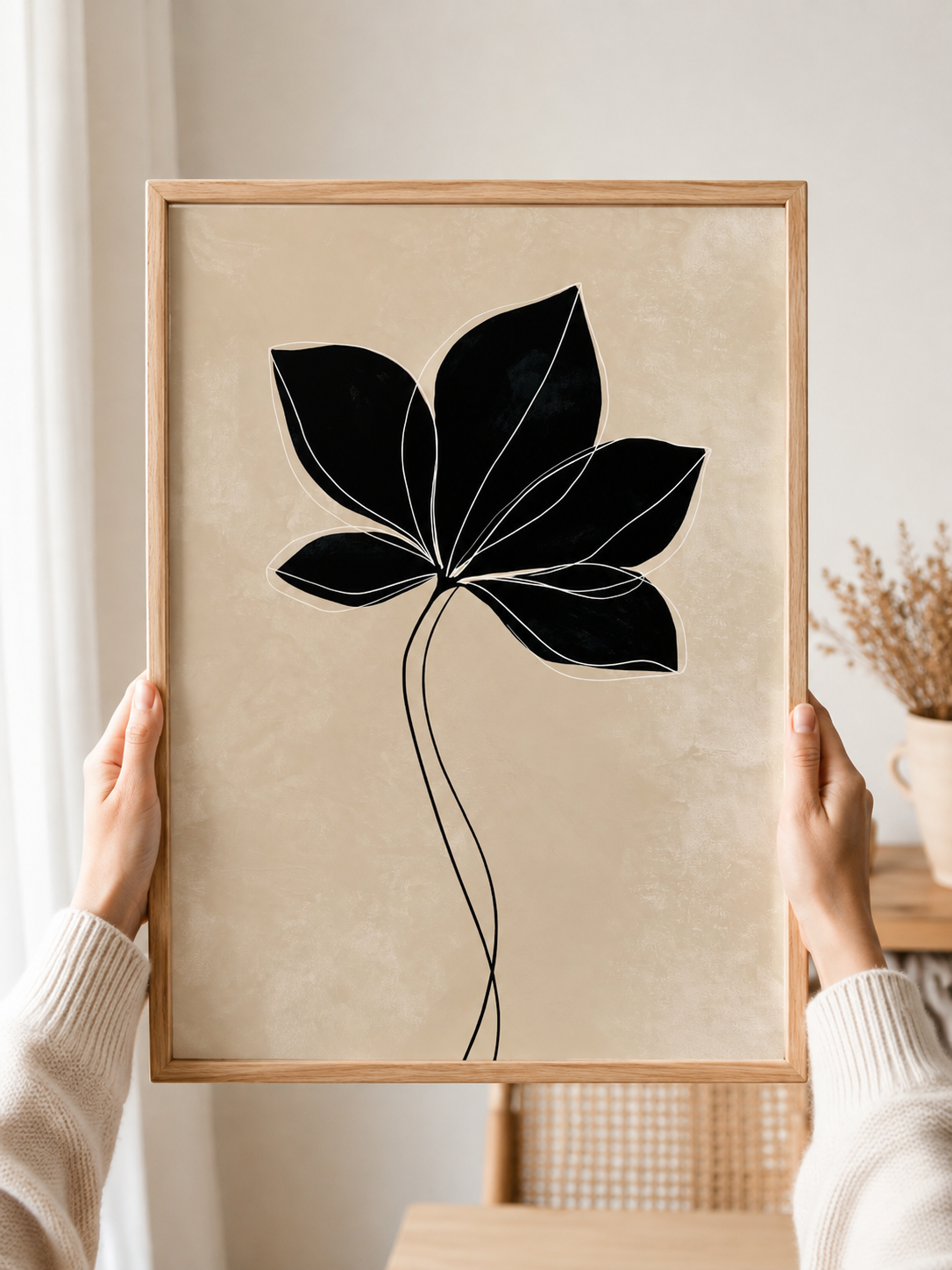Black Radiating Leaf Art Print - Wall Art Decor - detail view - beige botanical wall art, minimalist leaf poster