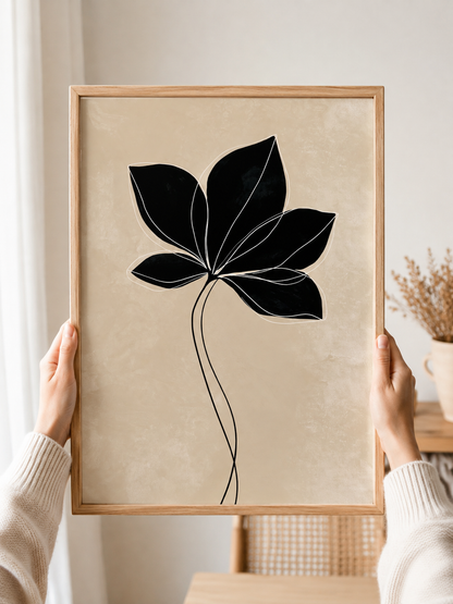 Black Radiating Leaf Art Print - Wall Art Decor - detail view - beige botanical wall art, minimalist leaf poster
