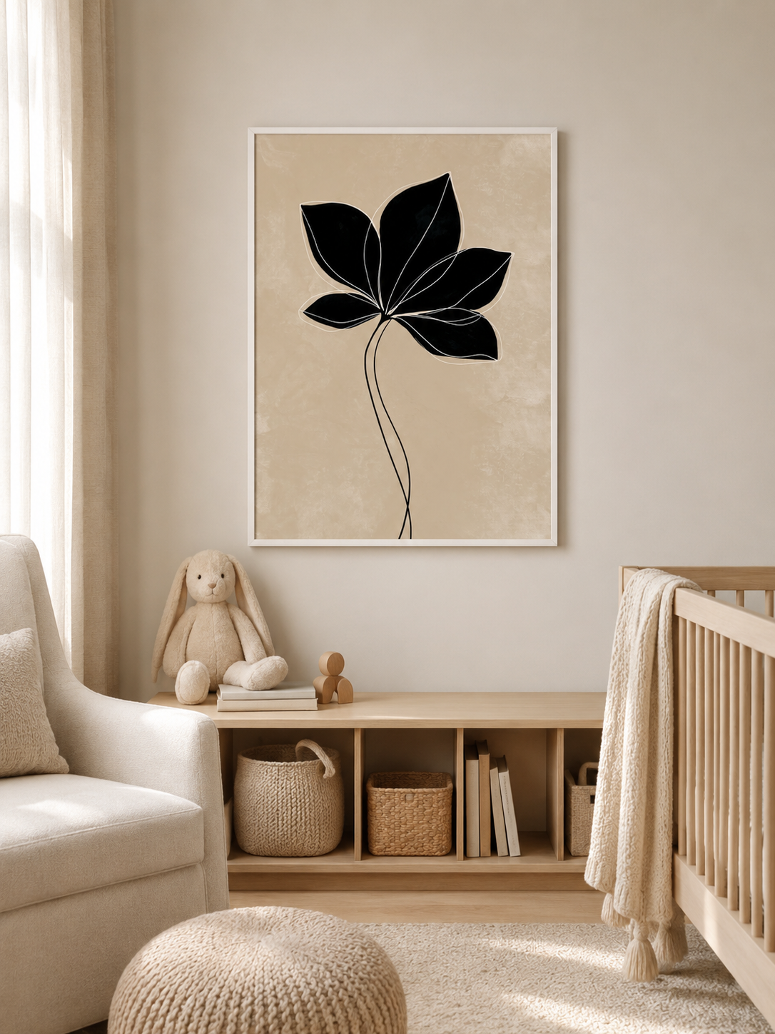 Black Radiating Leaf Art Print - Wall Art Decor - lifestyle shot - beige botanical wall art, minimalist leaf poster