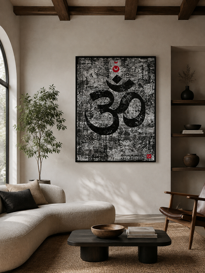 Black White Om Wall Art - Wall Art Decor - detail view - black white om wall art, om symbol art print