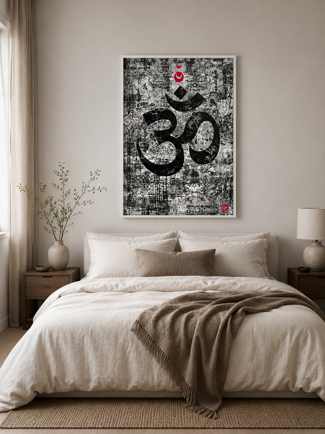 Black White Om Wall Art - Wall Art Decor - lifestyle shot - black white om wall art, om symbol art print