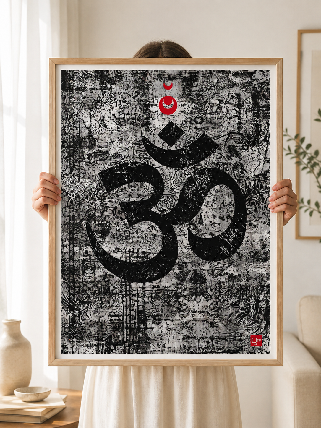 Black White Om Wall Art - Wall Art Decor - lifestyle shot - black white om wall art, om symbol art print