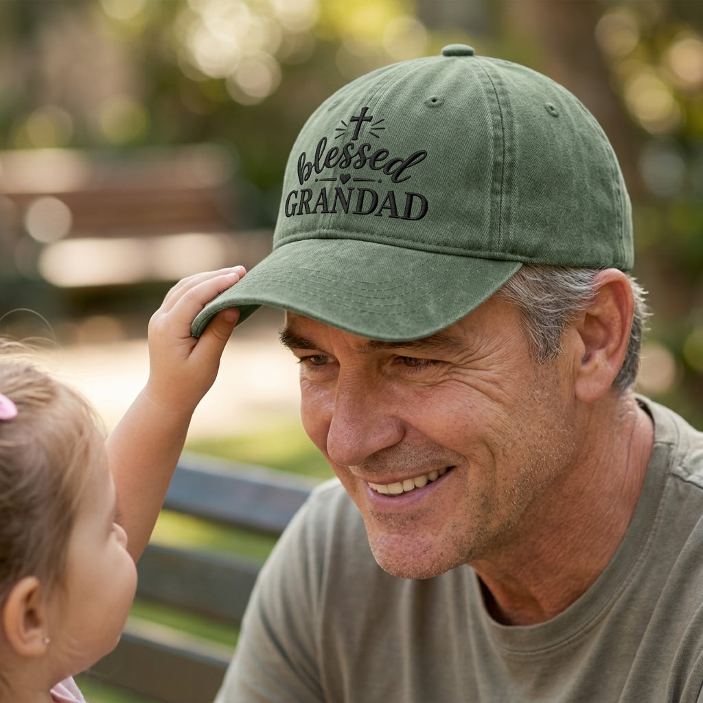 Army green washed baseball cap with embroidered Blessed Grandad cross worn by a grandfather.